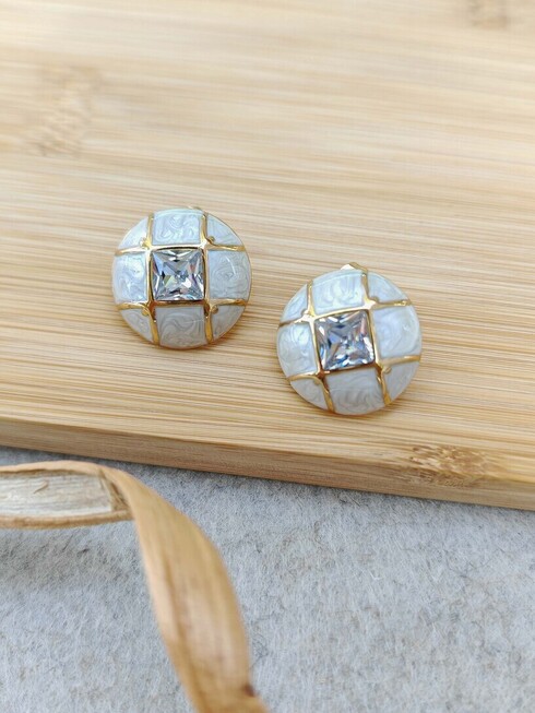 Button white stainless steel earrings